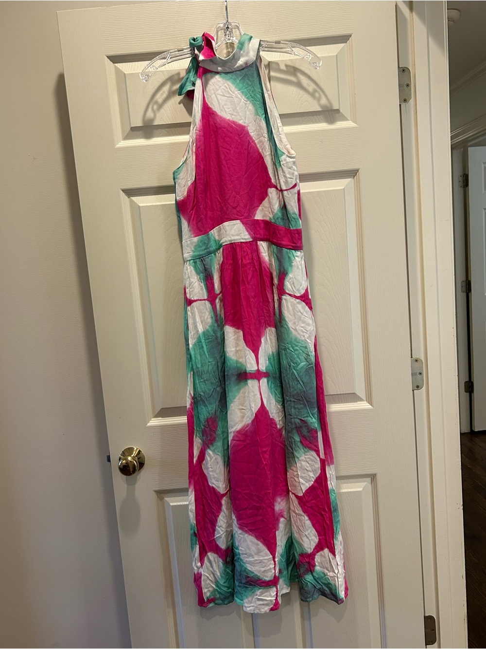 Tie-Neck Maxi Dress in Pink, Green & White